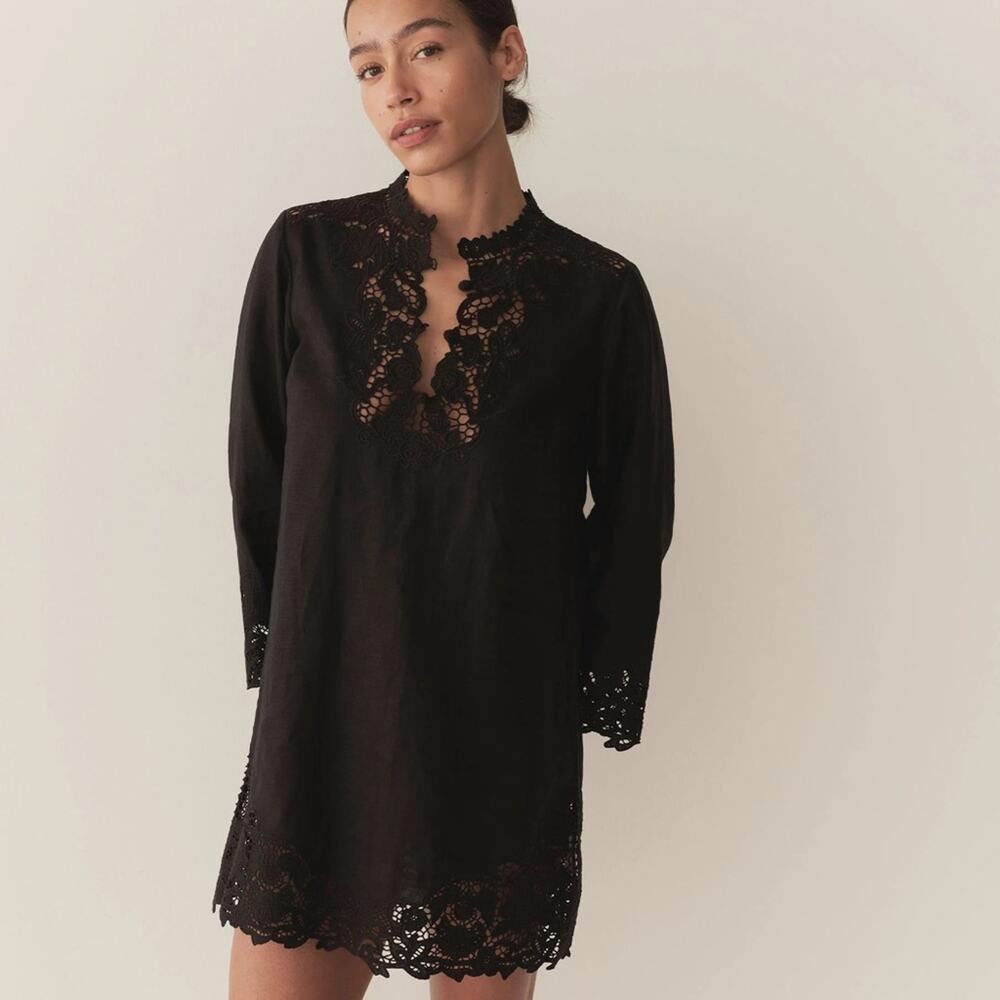 NWT Doen Roselie Linen Lace Crochet Collar 3/4 Sleeve Tunic Mini Dress Black - Picture 3 of 16